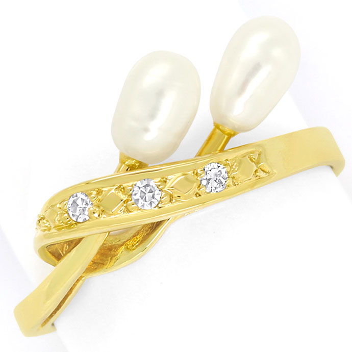 Foto 2 - Perlen Ring mit Diamanten und 2 Biwa Perlen in 14K Gold, R8501
